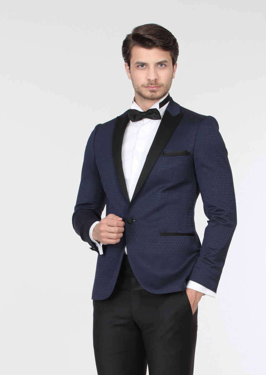 Saks Desenli Fashion Slim Fit Yün Karışımlı Smokin Ceket - 1