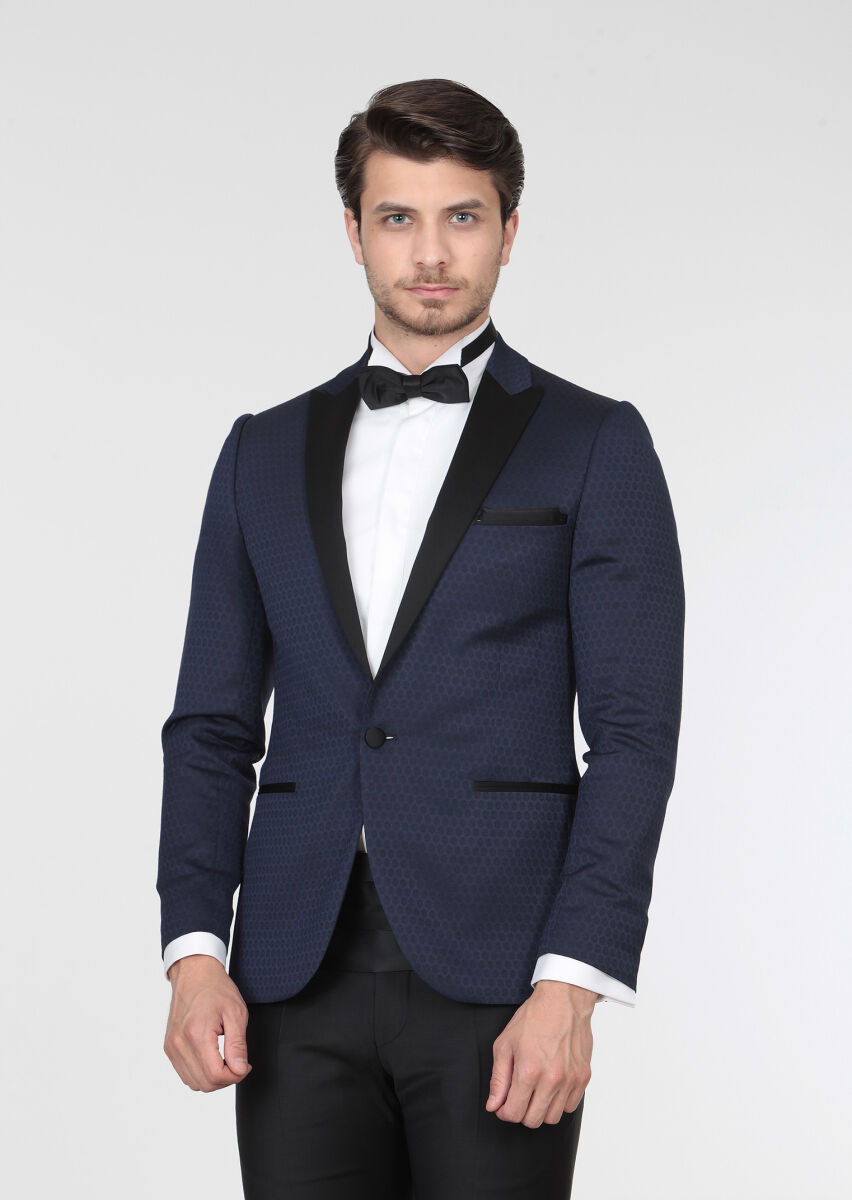 Saks Desenli Fashion Slim Fit Yün Karışımlı Smokin Ceket - 2