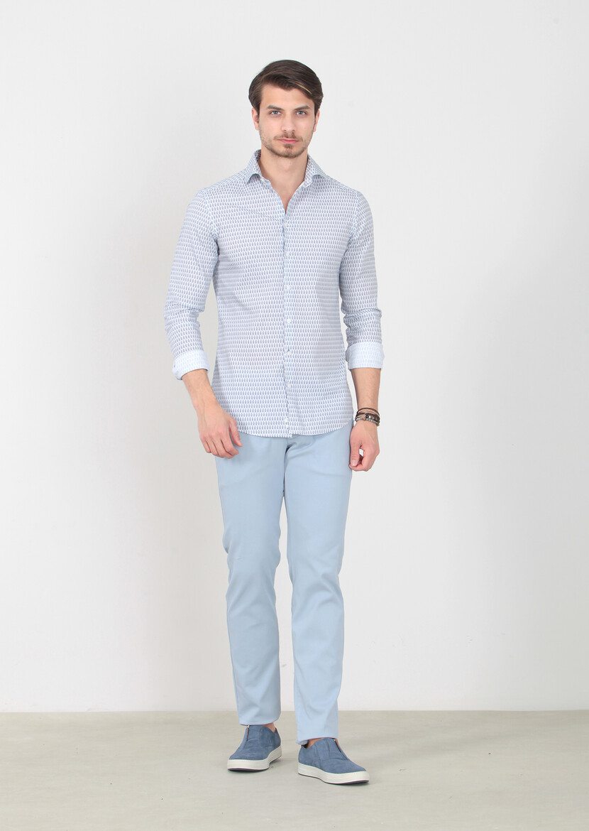 Lacivert Baskılı Slim Fit Dokuma Casual %100 Pamuk Gömlek 