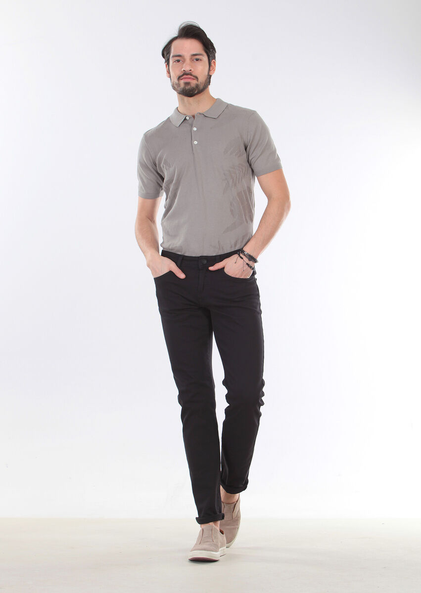 Siyah Düz Dokuma Slim Fit Casual Pamuk Karışımlı Pantolon - 3