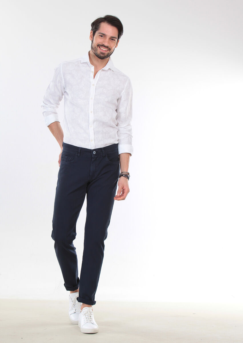 Lacivert Düz Dokuma Slim Fit Casual Pamuk Karışımlı Pantolon - 1