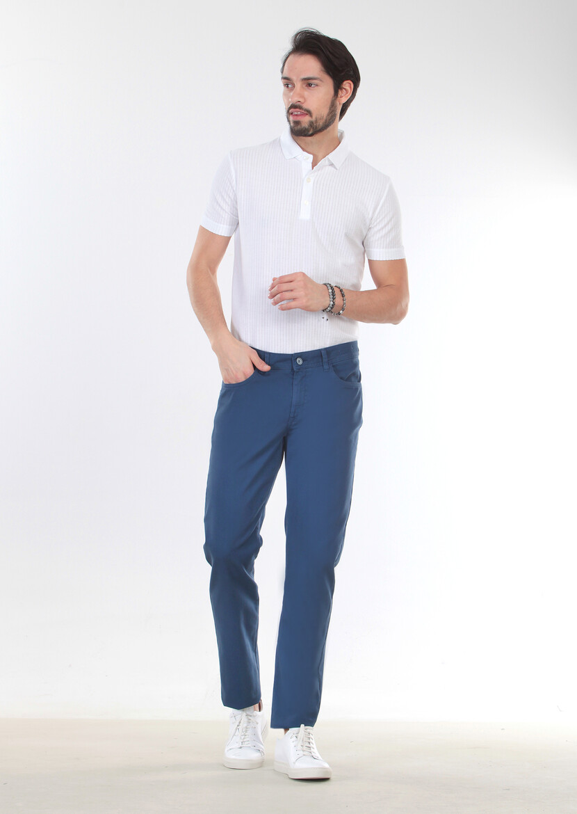 İndigo Düz Dokuma Slim Fit Casual Pamuk Karışımlı Pantolon 