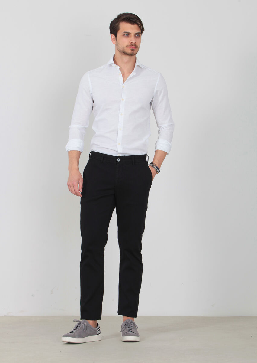 Siyah Düz Dokuma Regular Fit Casual Pamuk Karışımlı Pantolon - 2