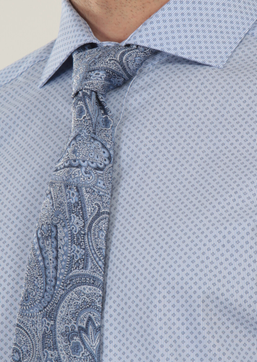 Mavi Baskılı Slim Fit Dokuma Klasik %100 Pamuk Gömlek - Thumbnail
