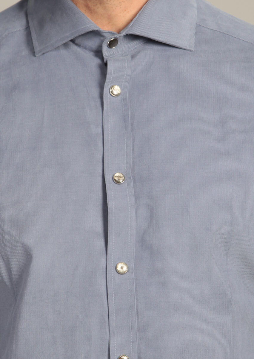 Mavi Çizgili Slim Fit Dokuma Kadife Casual Pamuk Karışımlı Gömlek