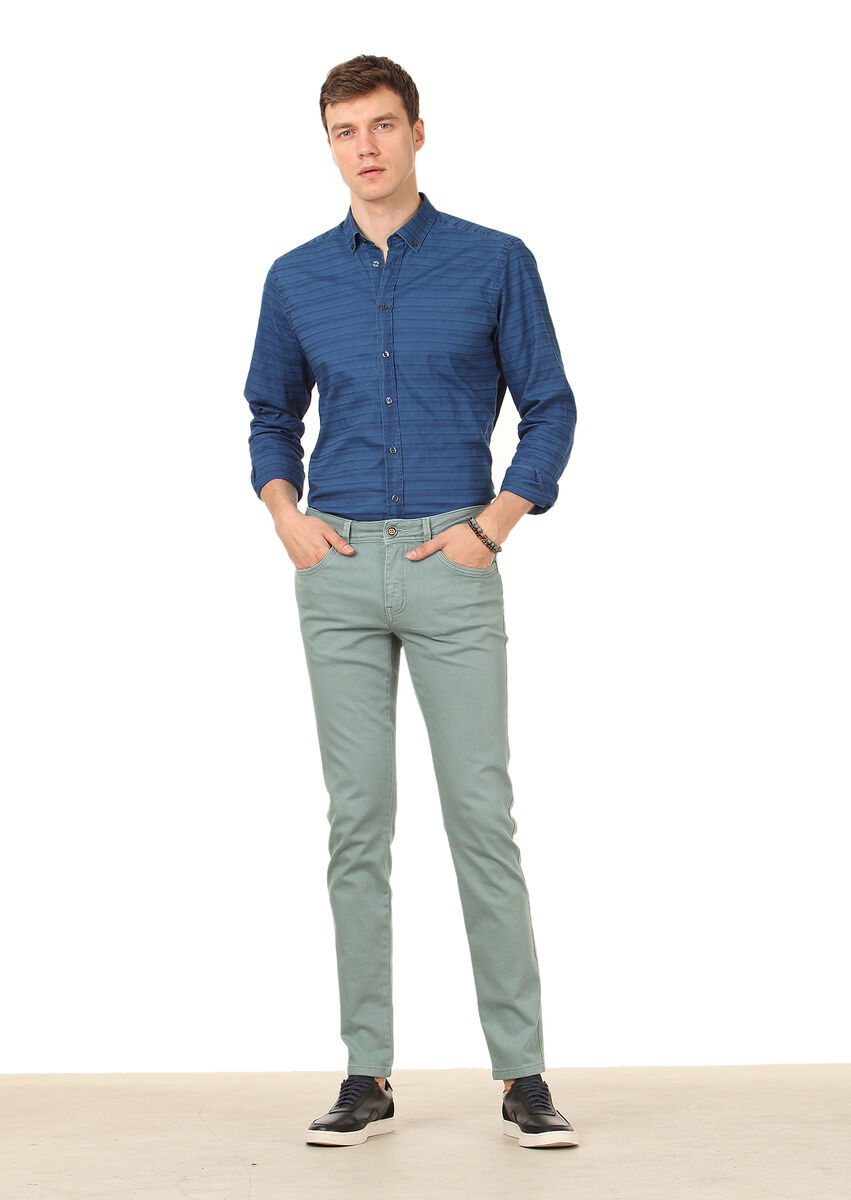 Yeşil Düz Dokuma Slim Fit Casual Pamuk Karışımlı Pantolon - 2