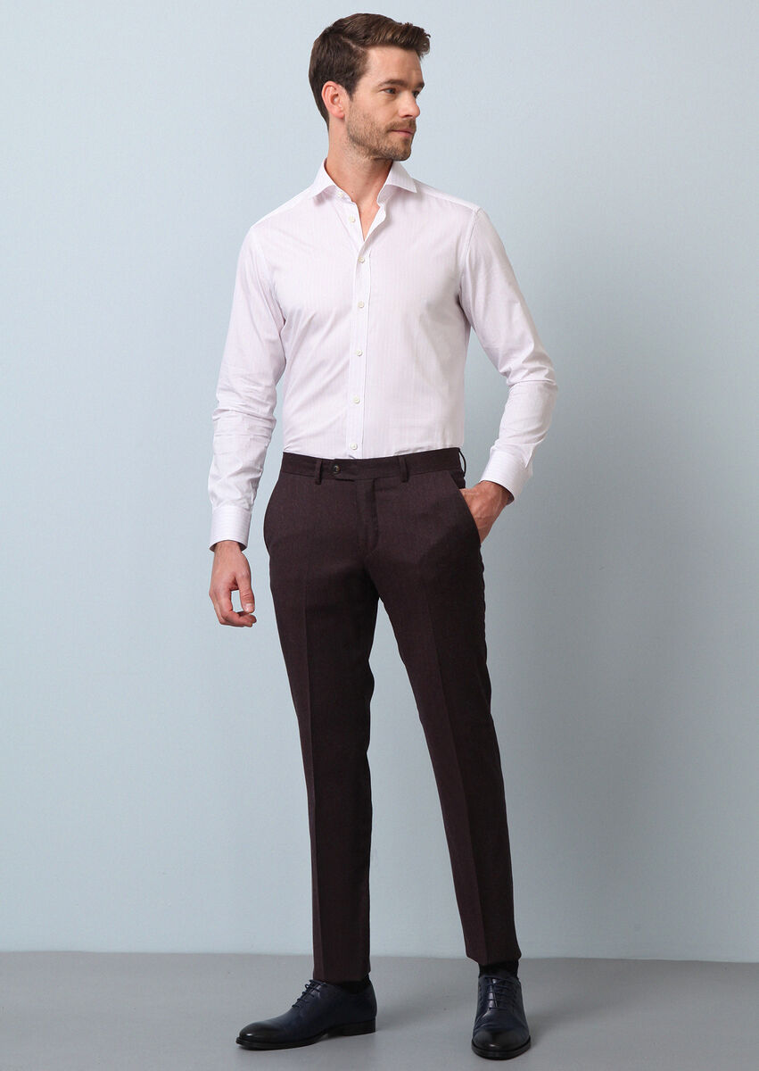 Bordo Düz Kumaş Modern Fit Klasik %100 Yün Pantolon