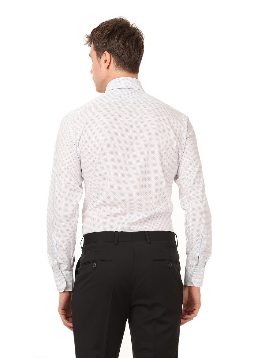 Beyaz Baskılı Regular Fit Dokuma Klasik %100 Pamuk Gömlek - Thumbnail