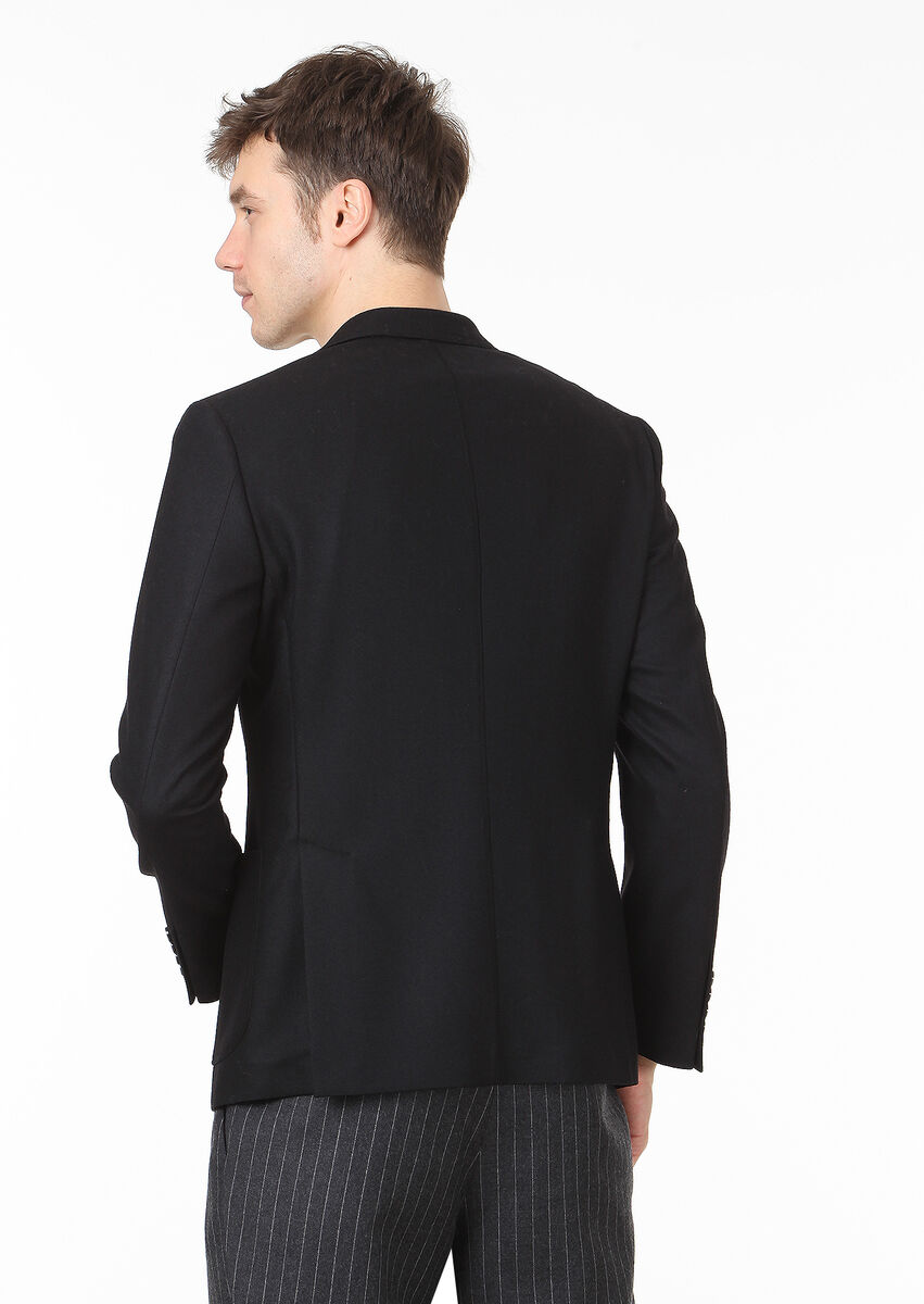 Siyah Düz Zeroweight Slim Fit Yün Karışımlı Ceket
