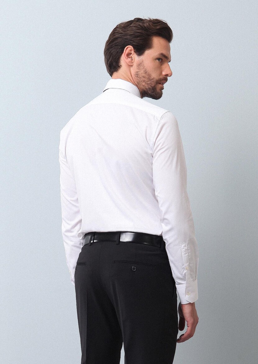 Beyaz Düz Slim Fit Dokuma Klasik Pamuk Karışımlı Gömlek - 5