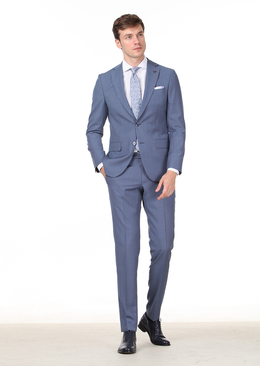 Mavi Mikro Modern Fit %100 Yün Takım Elbise - Thumbnail