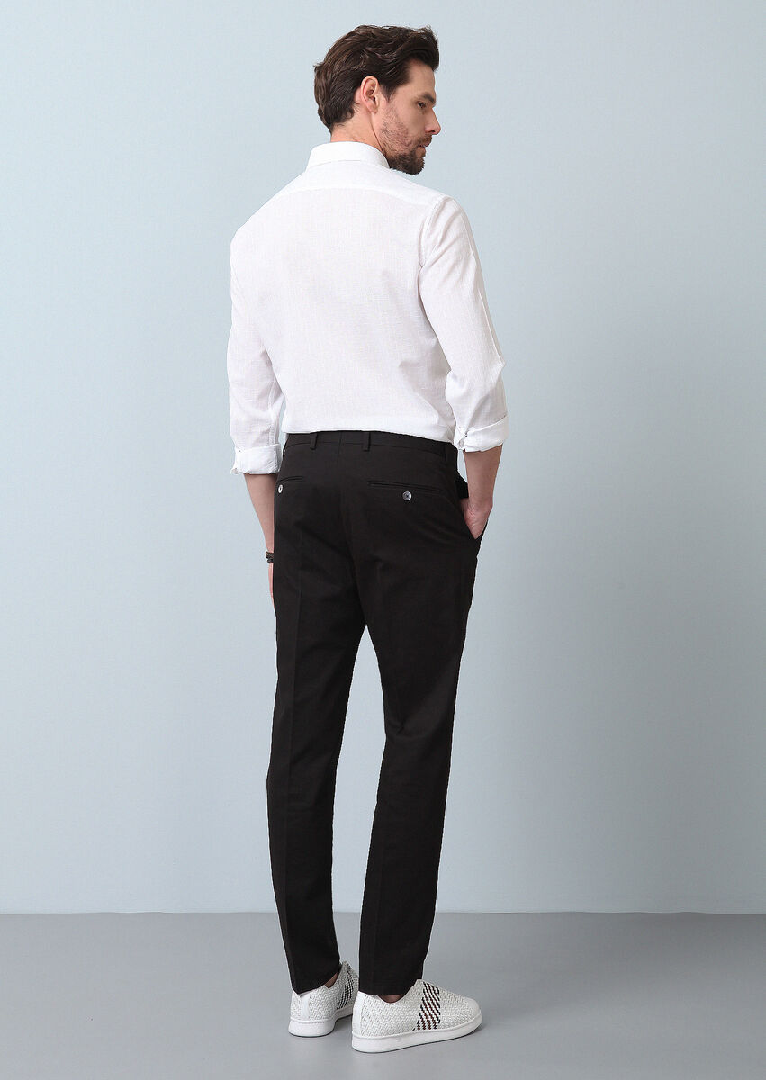Siyah Düz Dokuma Regular Fit Smart Casual Pamuk Karışımlı Pantolon