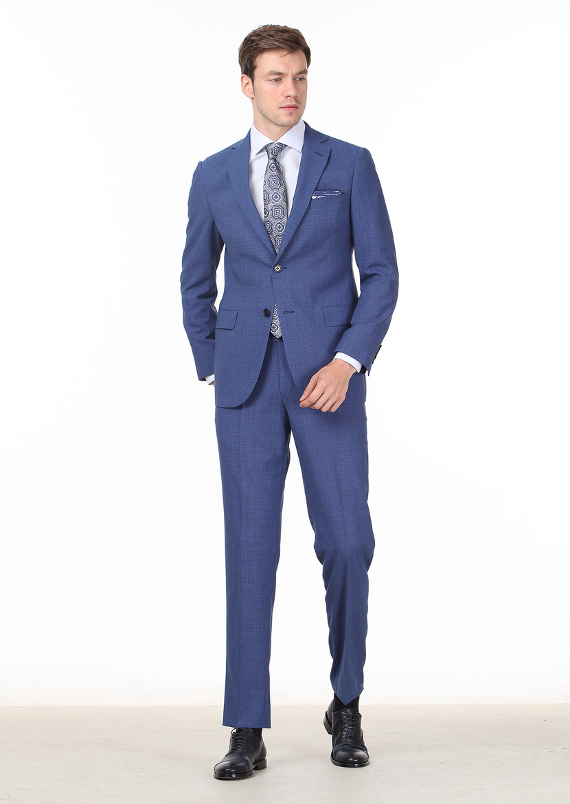 Koyu Mavi Mikro Regular Fit %100 Yün Takım Elbise - Thumbnail
