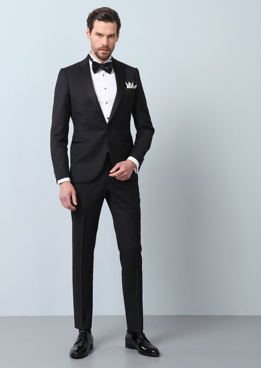 Siyah Desenli Fashion Slim Fit Kruvaze Yaka Dokuma Smokin Takım Elbise - 4