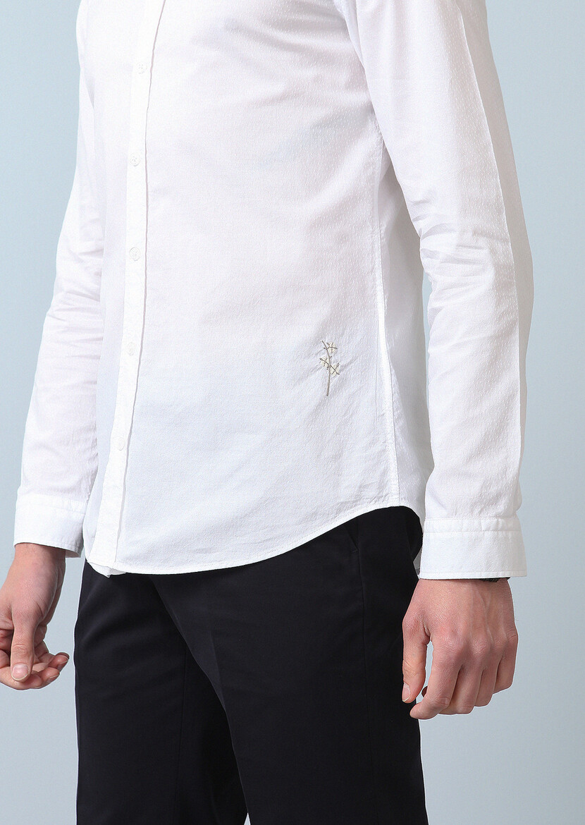 Beyaz Desenli Slim Fit Dokuma Casual Pamuk Karışımlı Gömlek - Thumbnail