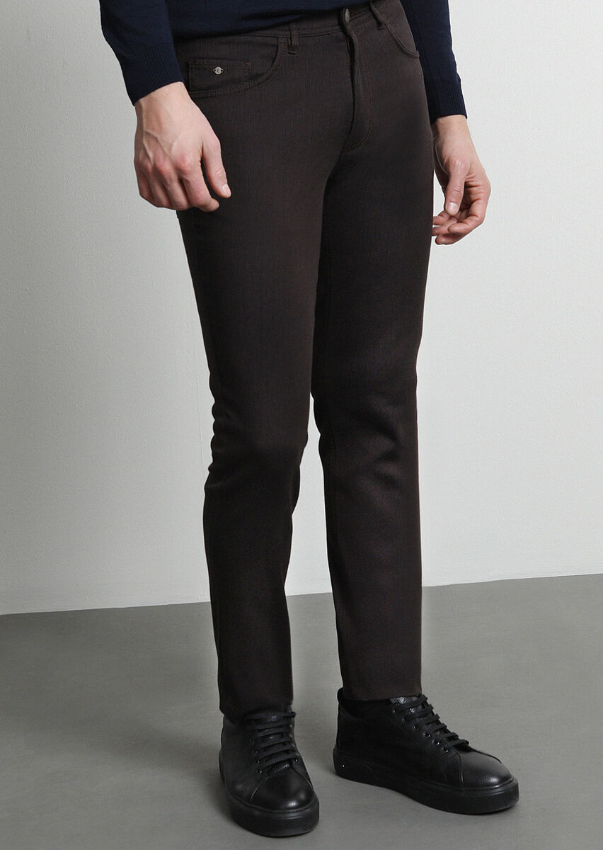 Kahverengi Mikro Dokuma Slim Fit Casual Pamuk Karışımlı Pantolon