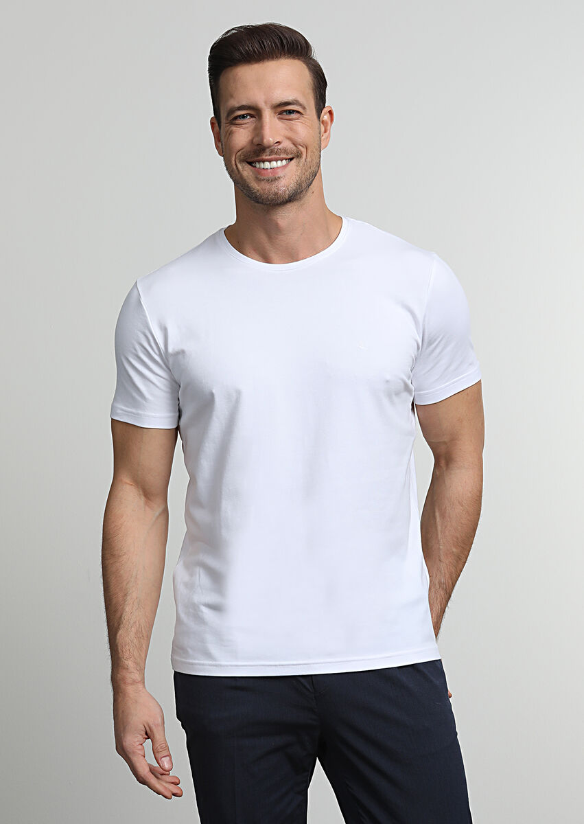 Beyaz Düz Pamuk Karışımlı T-Shirt - 3