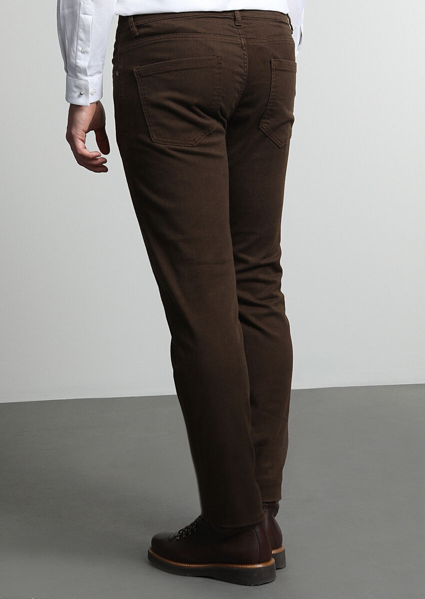 Kahverengi Desenli Dokuma Slim Fit Casual Pamuk Karışımlı Pantolon