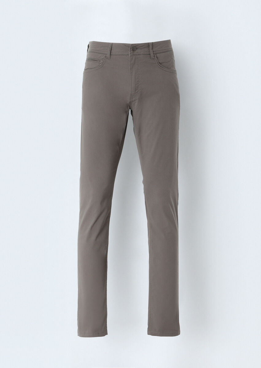 Kahverengi Düz Dokuma Slim Fit Casual Pamuk Karışımlı Pantolon
