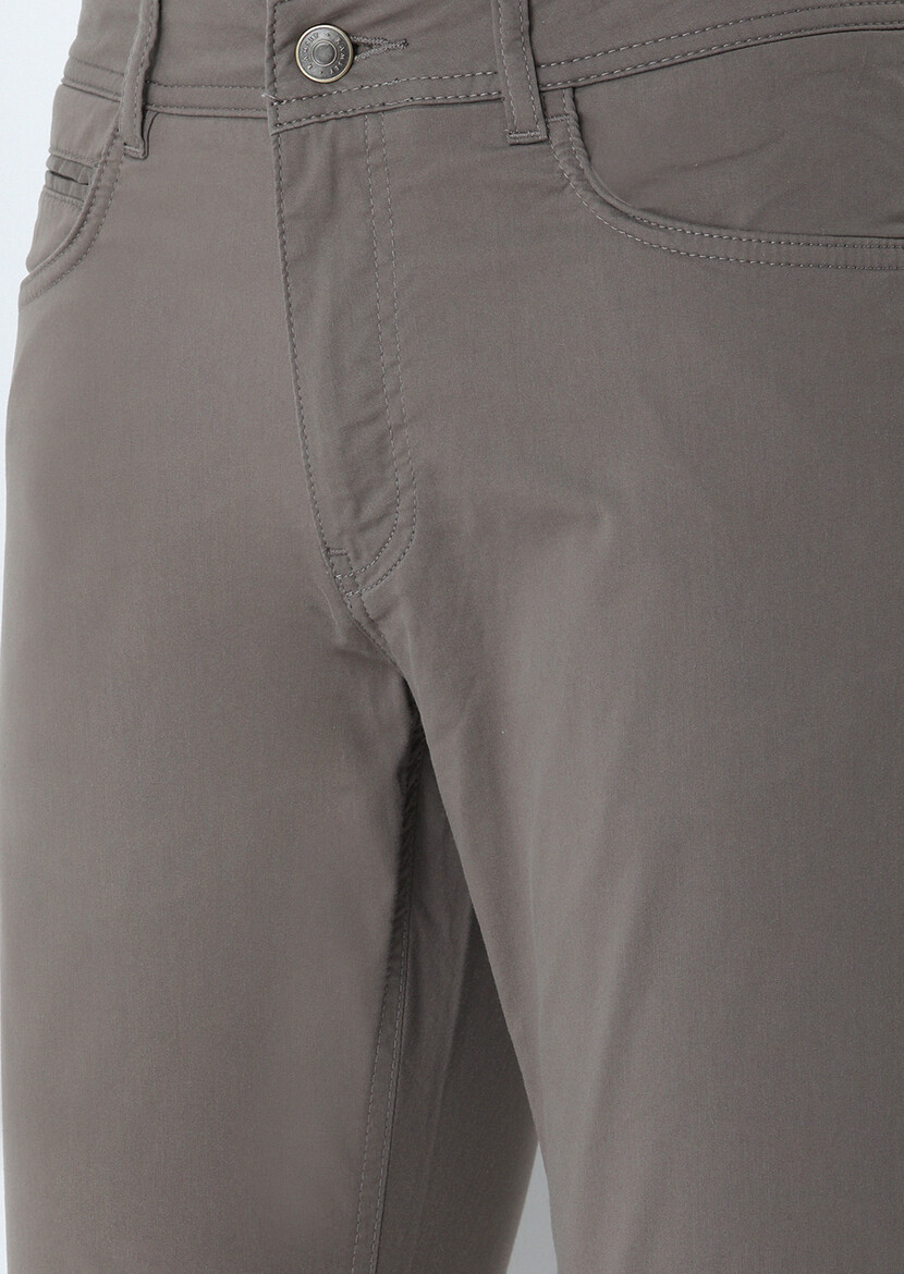 Kahverengi Düz Dokuma Slim Fit Casual Pamuk Karışımlı Pantolon - Thumbnail