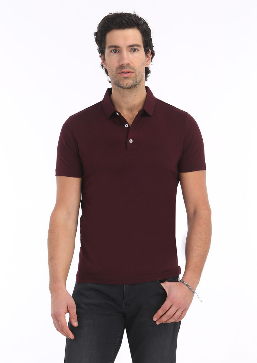 Bordo Polo Yaka %100 Pamuk T-Shirt - 2