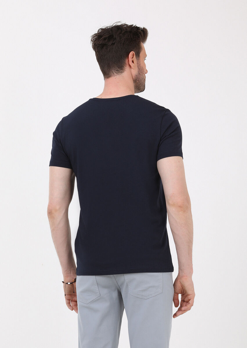 Lacivert Düz V Yaka Pamuk Karışımlı T-Shirt