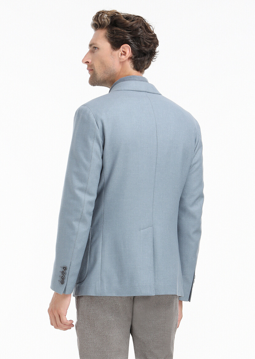 Mavi Düz Shirt Shoulder Slim Fit Yün Karışımlı Ceket - Thumbnail