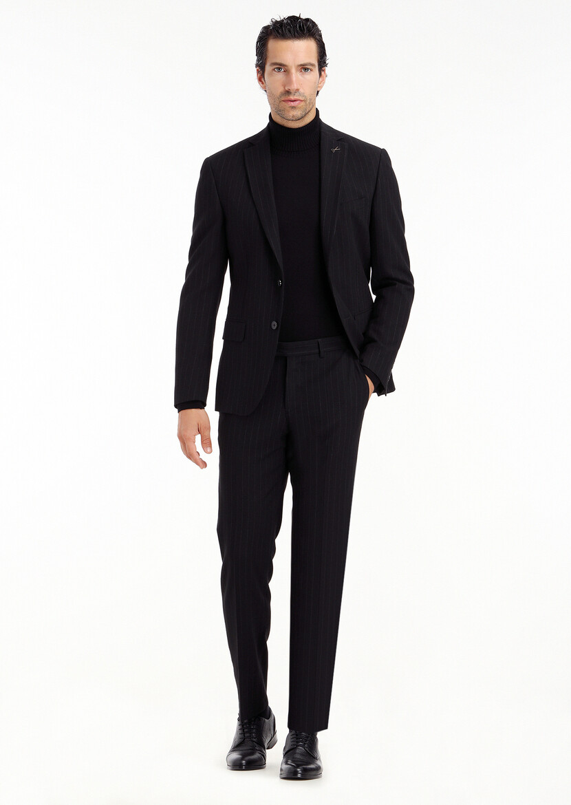 RAMSEY - Siyah Çizgili Zeroweight Slim Fit Yün Karışımlı Takım Elbise