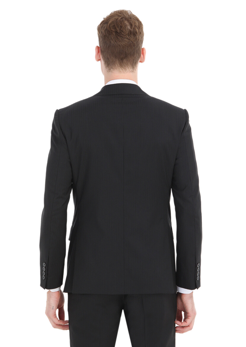 Siyah Çizgili Modern Fit %100 Yün Takım Elbise - Thumbnail