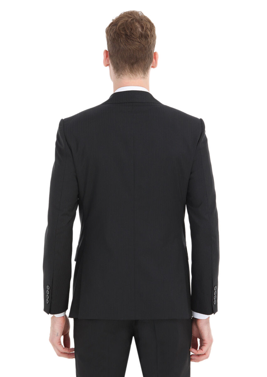 Siyah Çizgili Modern Fit %100 Yün Takım Elbise