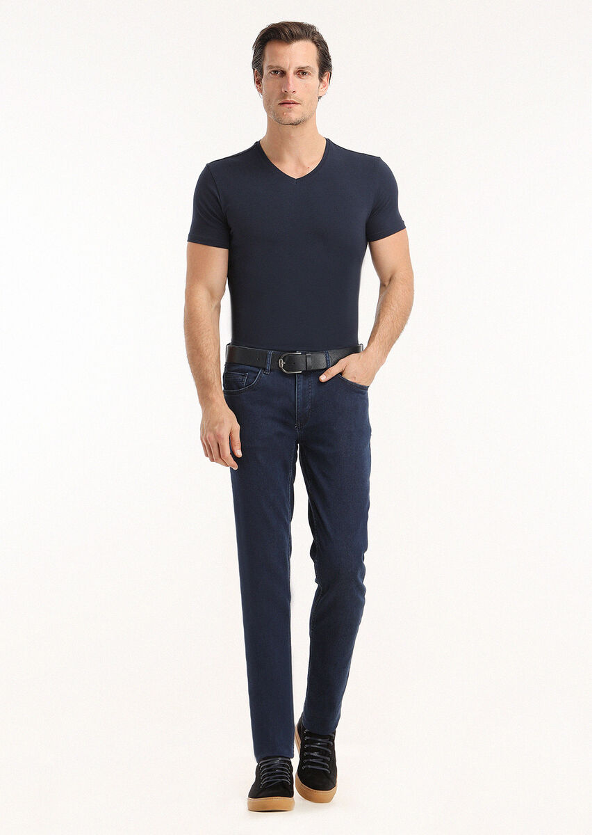 İndigo Düz Slim Fit Denim Pamuk Karışımlı Pantolon