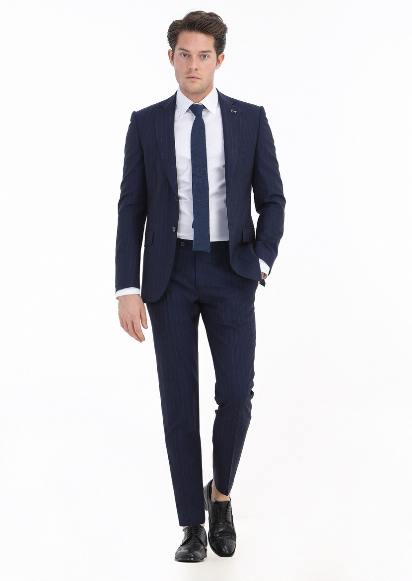 RAMSEY - Lacivert Çizgili Thin&taller Slim Fit Yün Karışımlı Takım Elbise