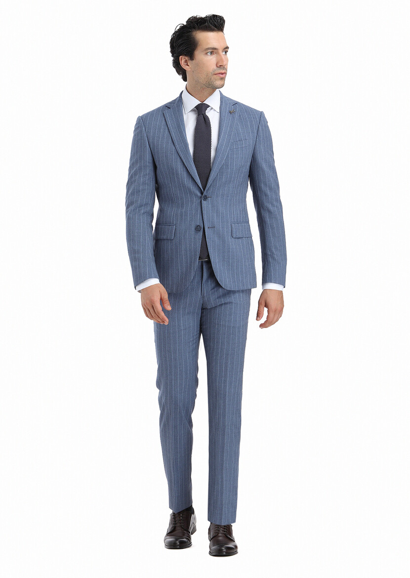Mavi Çizgili Modern Fit %100 Yün Takım Elbise - Thumbnail