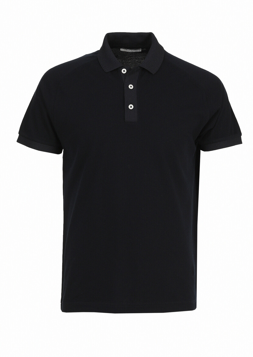 Lacivert Jakarlı Polo Yaka %100 Pamuk T-Shirt - 6