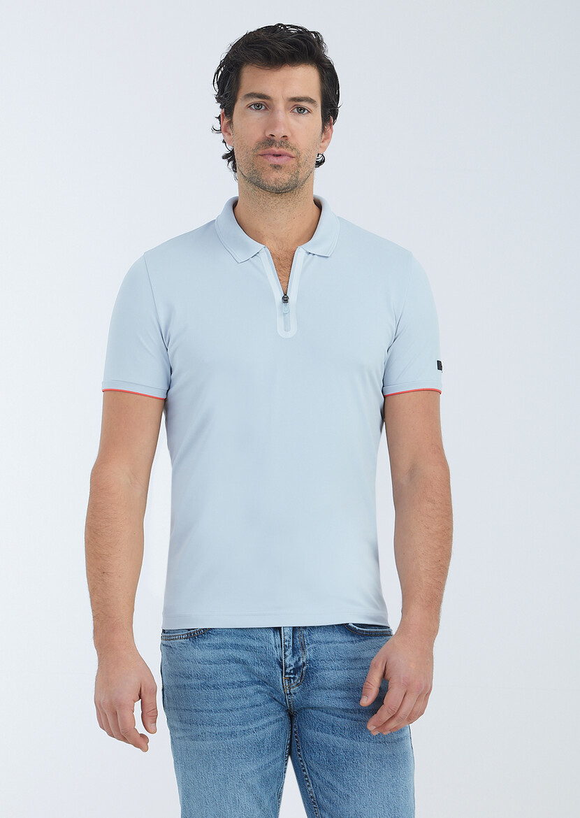 Açık Gri Baskılı Polo Yaka Pamuk Karışımlı T-Shirt - 2