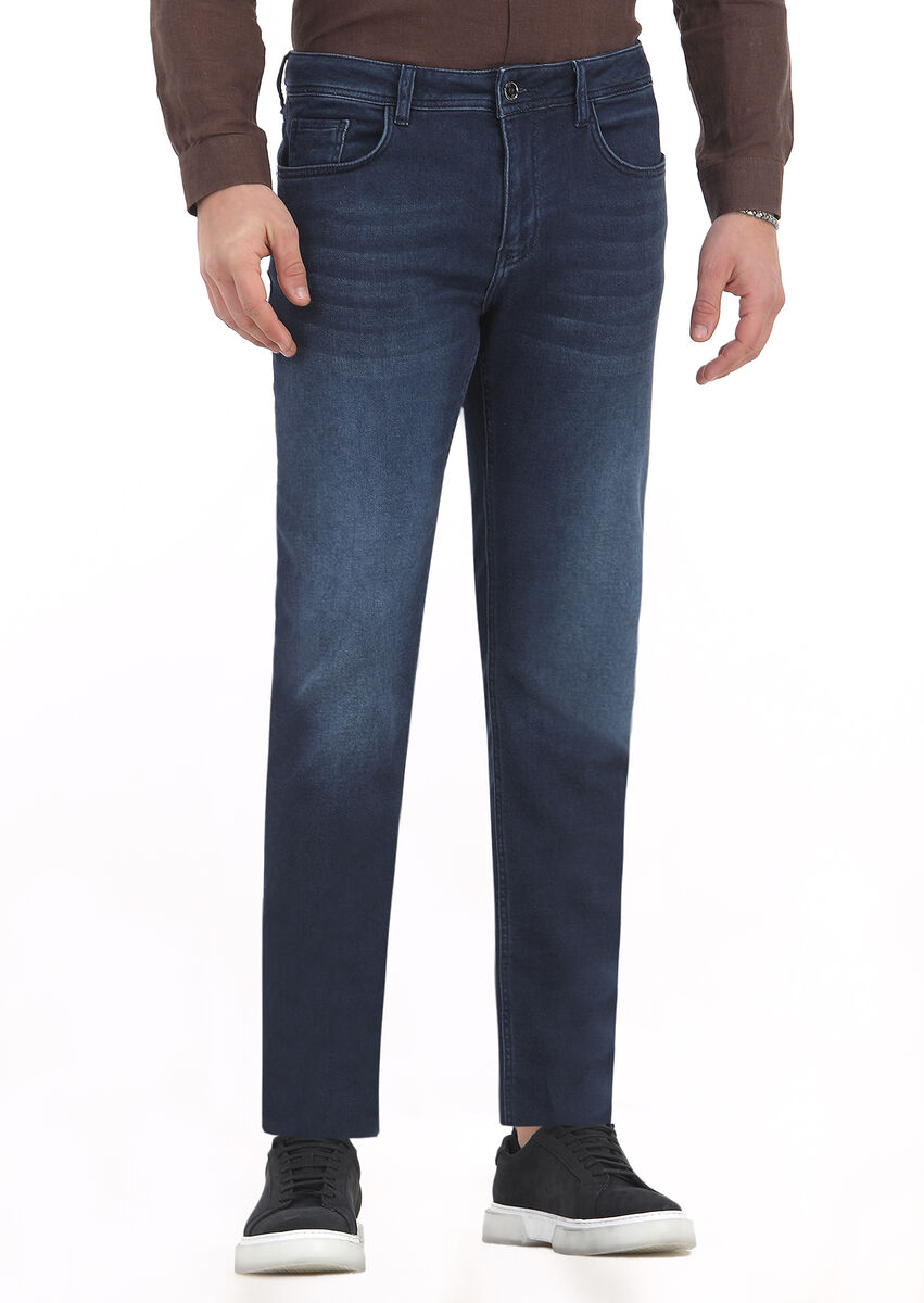 İndigo Düz Slim Fit Denim Pamuk Karışımlı Pantolon