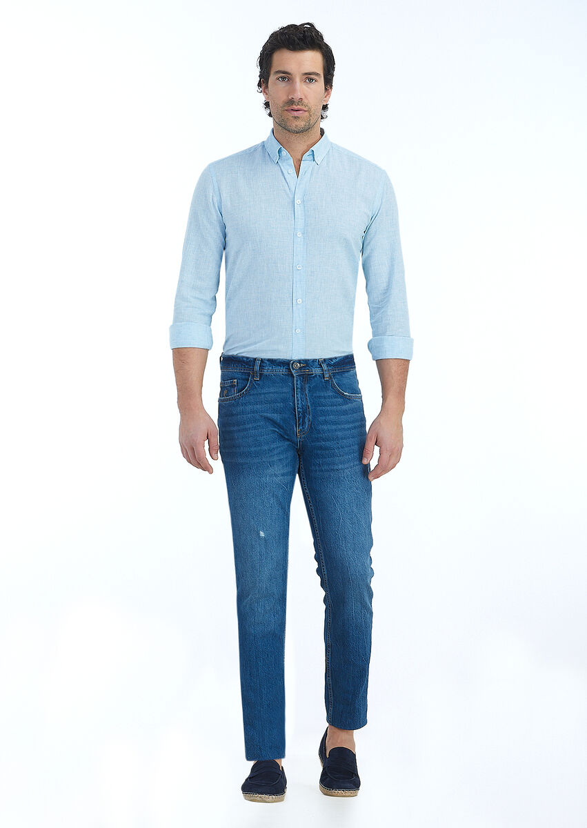 İndigo Düz Slim Fit Denim Pamuk Karışımlı Pantolon