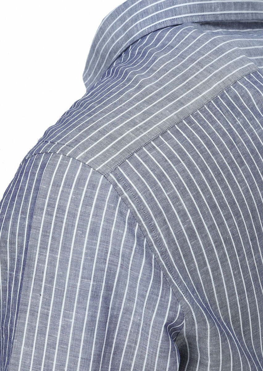 Lacivert Çizgili Regular Fit Dokuma Casual Pamuk Karışımlı Gömlek