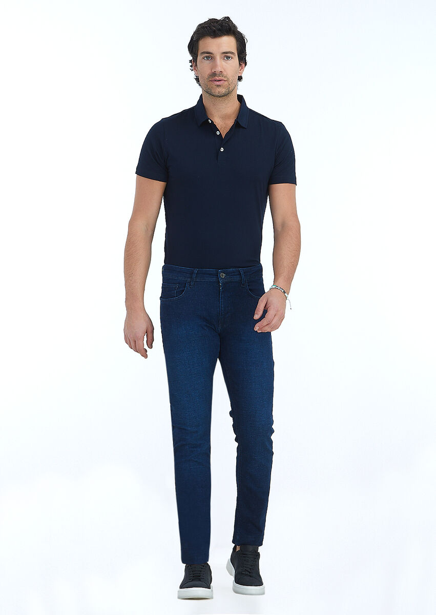 İndigo Düz Slim Fit Denim Pamuk Karışımlı Pantolon