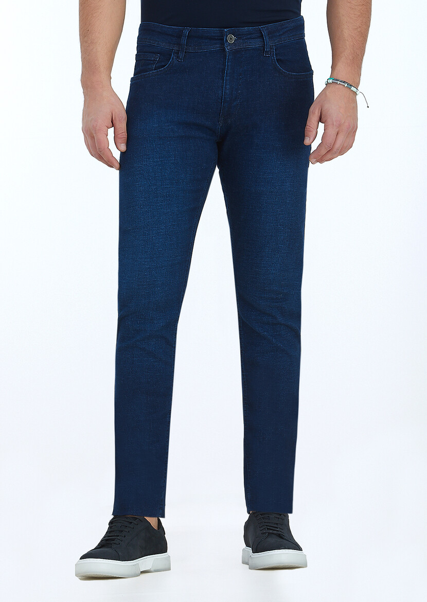 İndigo Düz Slim Fit Denim Pamuk Karışımlı Pantolon - 2