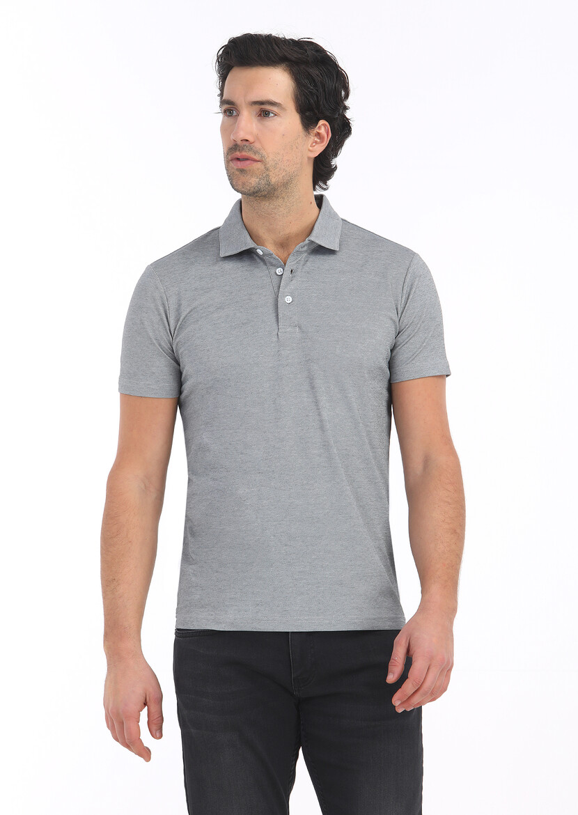 Gri Desenli Polo Yaka Pamuk Karışımlı T-Shirt - 2