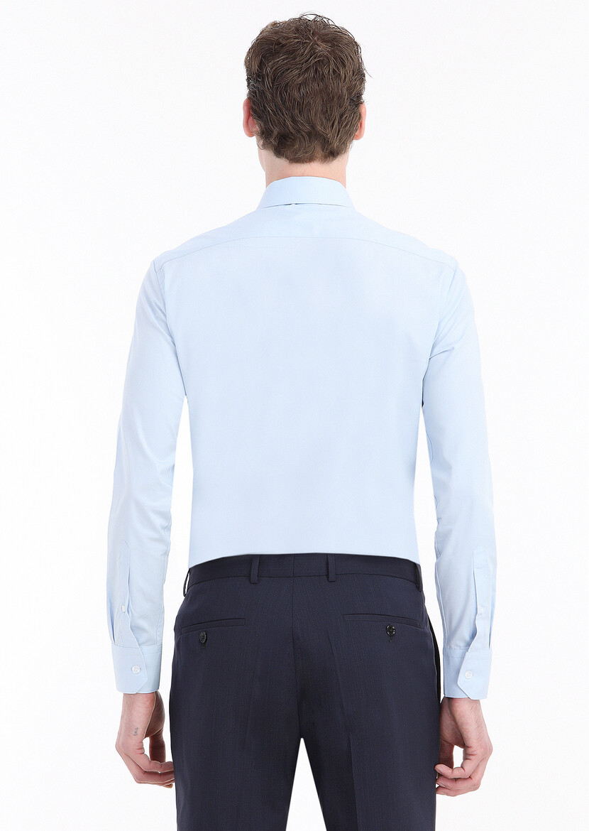 Mavi Düz Slim Fit Dokuma Klasik Pamuk Karışımlı Gömlek - Thumbnail