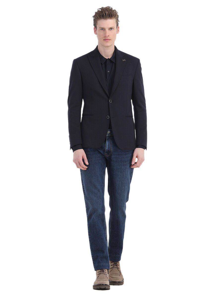 Lacivert Çizgili Zeroweight Slim Fit Örme Ceket