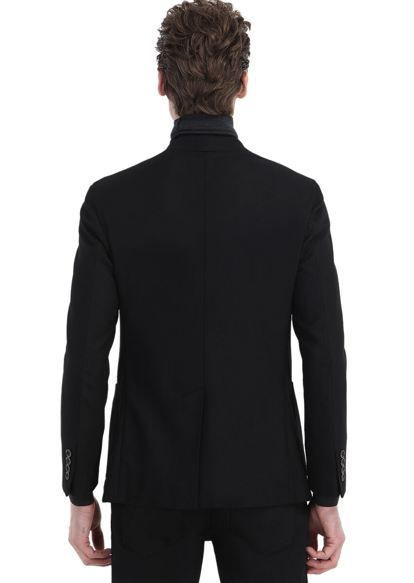 Siyah Düz Zeroweight Slim Fit Yün Karışımlı Ceket
