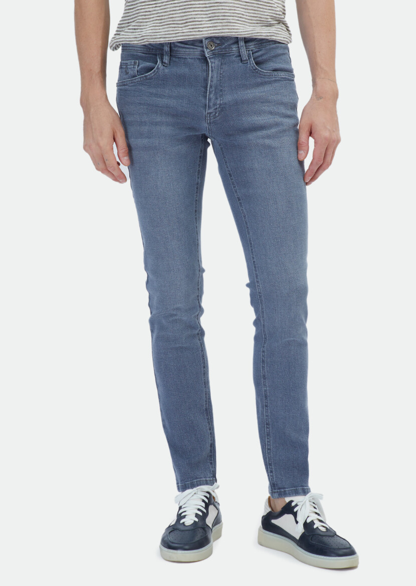 Gri Düz Slim Fit Denim Pamuk Karışımlı Pantolon - 2