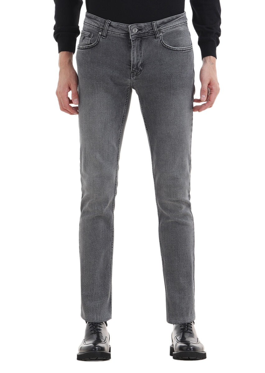 Gri Düz Slim Fit Denim Pamuk Karışımlı Pantolon - 2