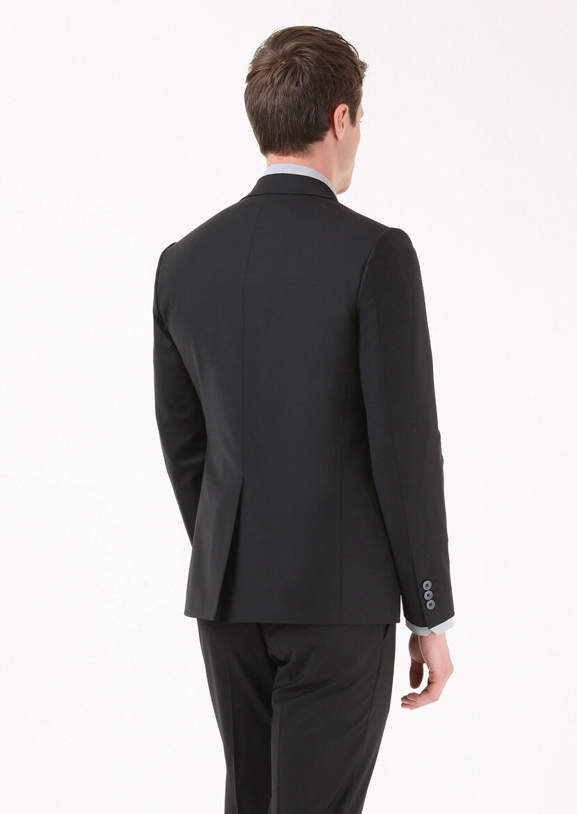 Siyah Düz Regular Fit Yün Karışımlı Takım Elbise - Thumbnail