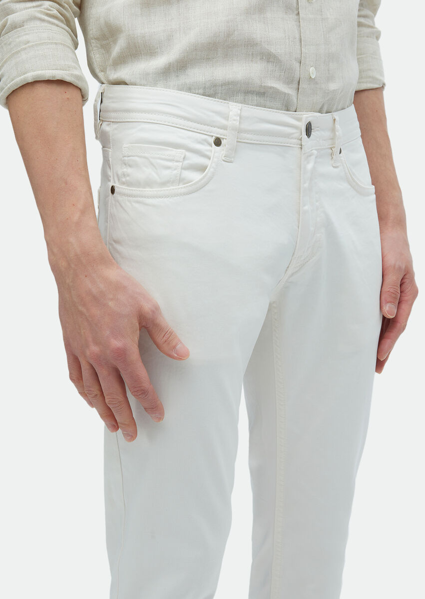 Ekru Düz Dokuma Slim Fit Casual Pamuk Karışımlı Pantolon