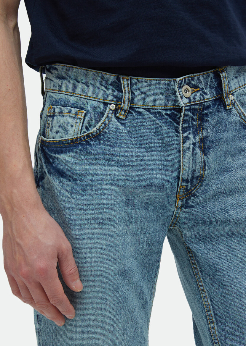 İndigo Düz Regular Fit Denim %100 Pamuk Pantolon - Thumbnail