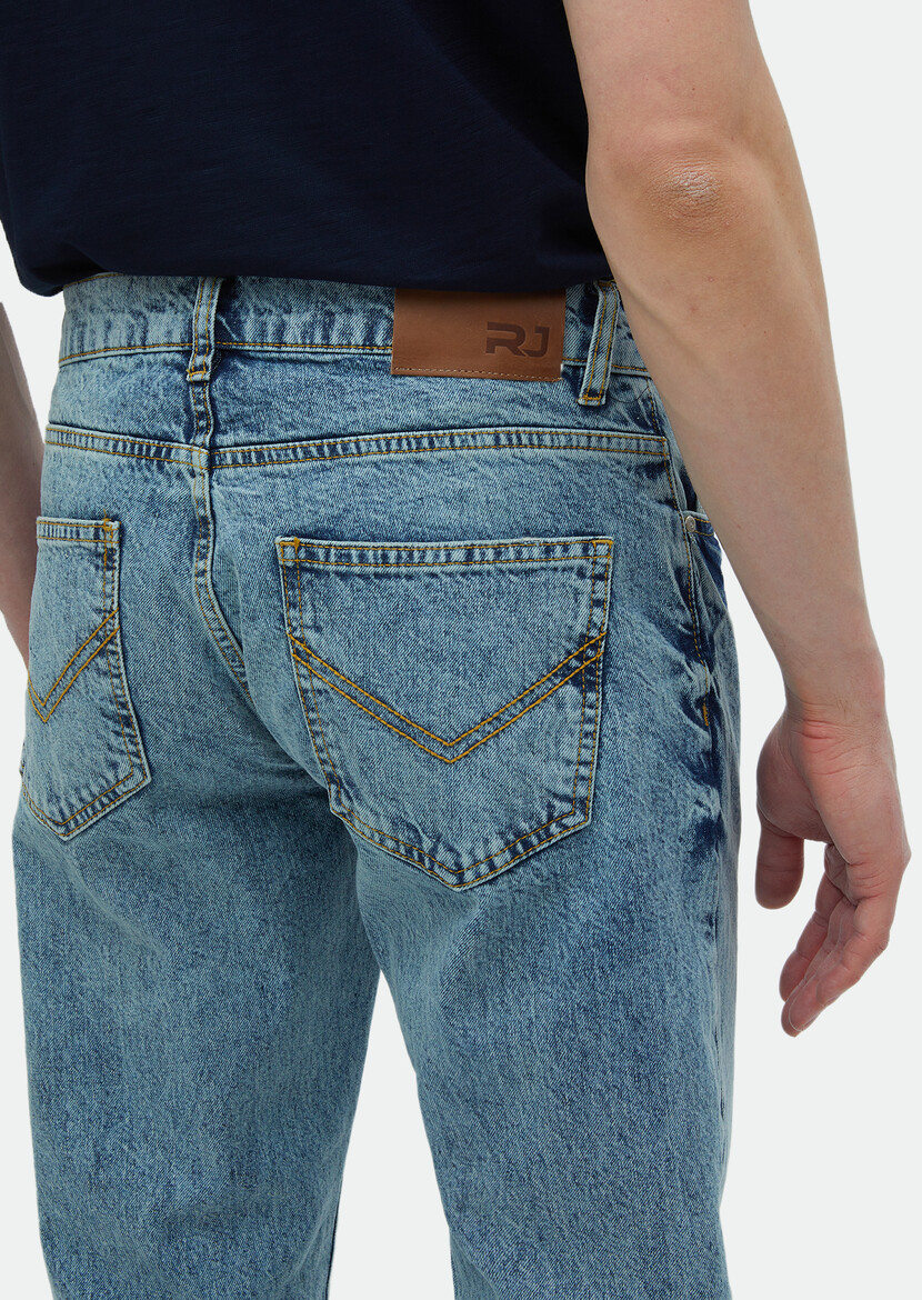 İndigo Düz Regular Fit Denim %100 Pamuk Pantolon - Thumbnail